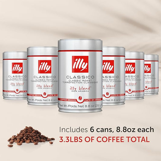 illy Whole Bean Coffee, Classico Medium Roast, 100% Arabica, Premium Italian Coffee, Ideal for Espresso, Drip, Moka and French Press Brewing, 8.8oz, 6 Pack