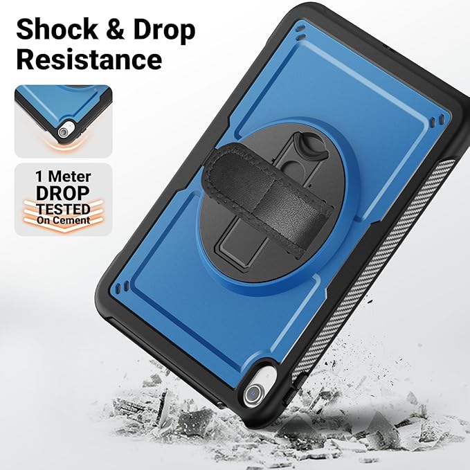 SCSVPN Case for iPad A16 11th Generation 11 Inch 2025/10th Gen 10.9'' 2022, Slim Hard Shockproof Protective Case with Screen Protector, Pencil Holder, Rotating Stand, Hand/Shoulder Strap - Navy Blue