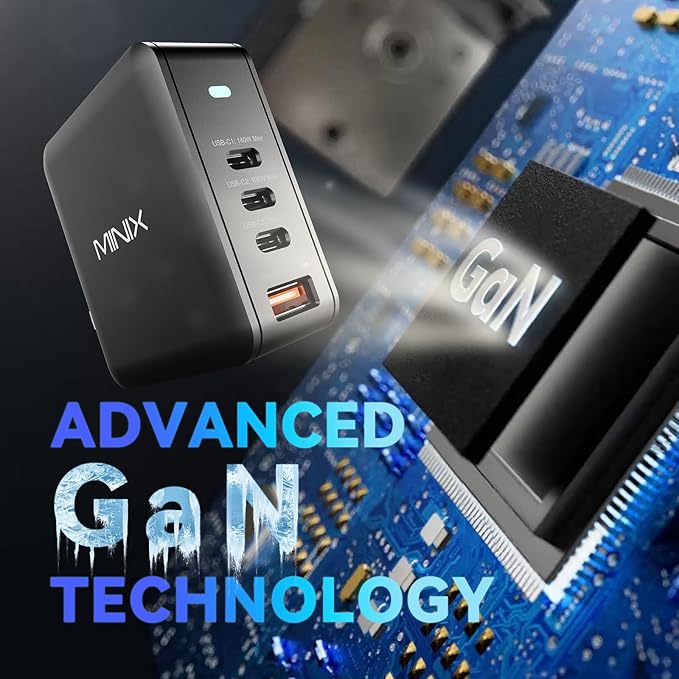 MINIX 165W USB C Charger,GaN II Charger PD3.1 Max 140W,Turbo 4-Port Charging Adapter, Fast Charging Station, Compatible with MacBook Pro/iPad Air/iPhone15 14 13Pro Max/Galaxy S24 Ultra and More