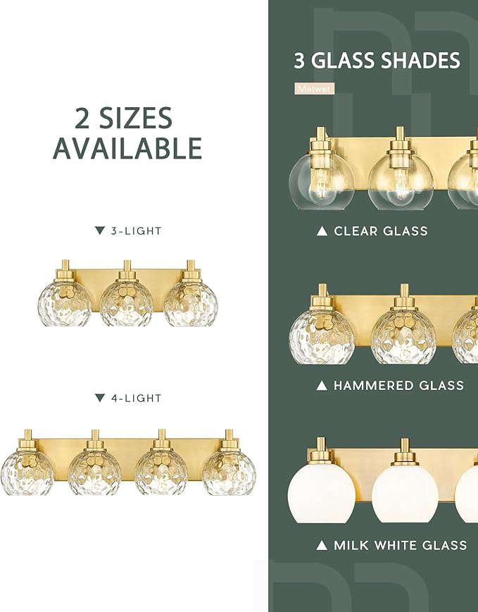 METWET Bathroom Light Fixtures Over Mirror, 26" Brushed Gold Bathroom Vanity Light with Clear Hammered Glass Globe Shade, 4-Light Modern Sconces Wall Lighting, VL200-BG-CL-4