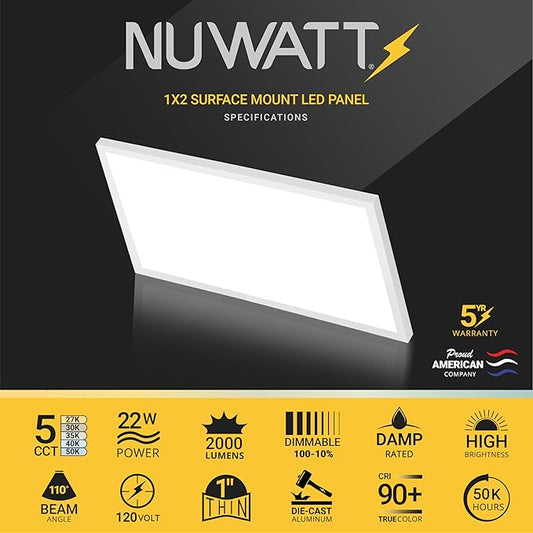NUWATT 1x2 FT LED Flat Panel, 5CCT 2700K/3000K/3500K/4000K/5000K Selectable, 2000LM, 22W, Internal Driver, Dimmable, 120V, CRI90, 1 x 2 Surface Mount Panel, 12x24 Flush Mount LED Light, 1" Inch Thin