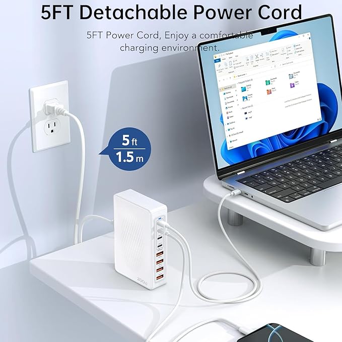 USB C Charger Block Charging Station - 200W Fast GaN 8-Port Multiple USB Charging Hub,65W Laptop Charger Compatible with MacBook Pro/Air,iPad,iPhone 16/15/14, Samsung S25/24,DELL,Steam Deck,5ft Cord