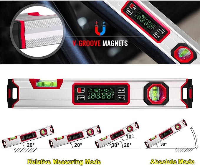 eOUTIL 15.7-Inch Digital Torpedo Level & Angle Finder – IP54 Waterproof Inclinometer with Backlit LCD, V-Groove Magnetic Base, 0.1° Accuracy – for Construction, Woodworking, Metalworking(Red)