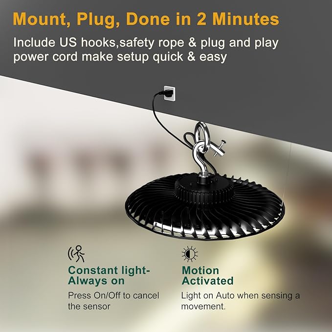 ACOHOOK Smart 320W LED High Bay Light with Motion Sensor, 48000lm (Eqv.1200W MH/HPS) High Bay LED Shop Light 100-277V Commerical Grade UFO Lights(Remote Buy Separate)