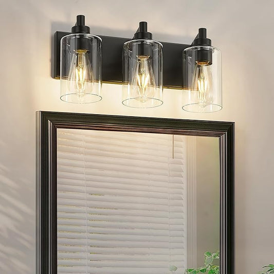 METWET 3-Light Bathroom Light Fixtures, Black Vanity Light with Cylinder Clear Glass Shade, Modern Vanity Lighting Fixtures Over Mirror, VL143-MB-3