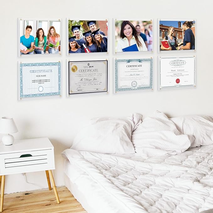 Kalami 8.5x11 Acrylic Wall Mount Picture Frame Self Adhesive, No Drill Floating Frameless Clear Photo Frame for Artwork Diploma Certificate or A4 Letter Size Document Display-Full Frame is 10x13