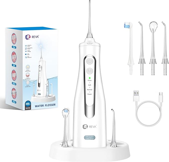 R REVA Cordless Water Flosser for Teeth, Gums & Braces β 4 Modes, 300ML Tank, 360Β° Nozzle, IPX7 Waterproof, USB Rechargeable 2000mAh Battery for Home & Travel (M149 Pro White)