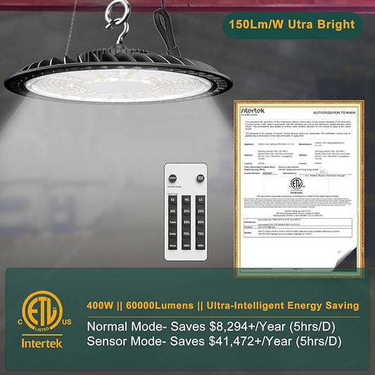 ACOHOOK 400W High Bay LED Lights with Motion Sensor, 60000LM Smart High Bay Shop Light, πππππ-ππππ UFO Commercial Lighting for Warehouse/Barn -4Pack
