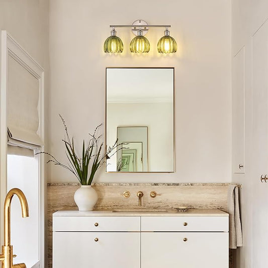 Shenmoyl Bathroom Light Fixtures, 3-Light Vanity Wall Light Over Mirror with Green Tulip Glass Shade for Bedroom Living Room (Bulb Not Included), Satin Nickel