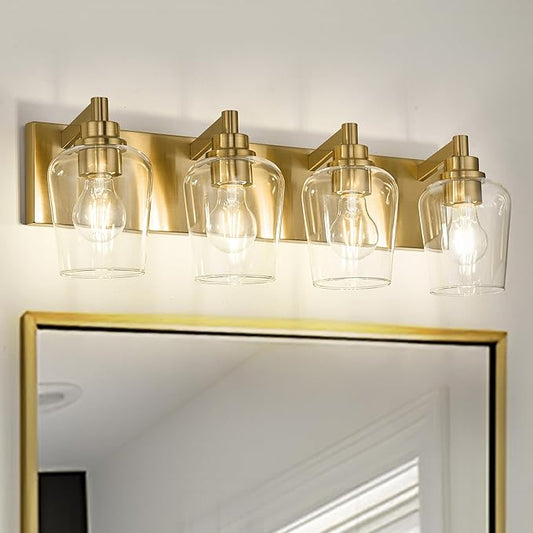 METWET Bathroom Light Fixtures, 4-Light Modern Vanity Light with Clear Glass Wine Glass-Shaped Shade, Vanity Lighting Fixtures Over Mirror, Brushed Gold, VL155-BG-4