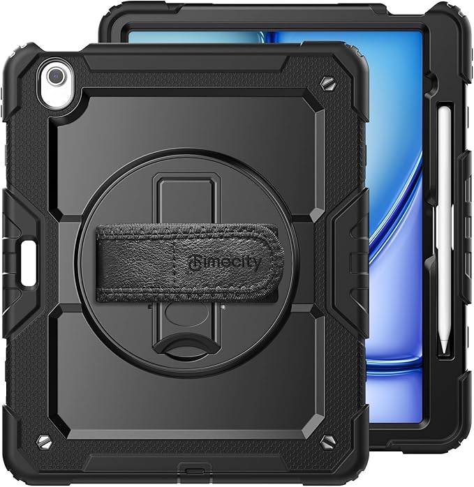 timecity for iPad Air 13 Inch Case M3 2025/ M2 2024, 360° Rotating Stand, Pencil Holder & Wireless Charging, Shockproof with Screen Protector & Shoulder Strap - for Designers & Professionals, Black