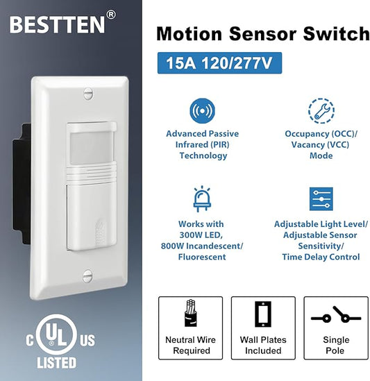 BESTTEN 5 Pack Motion Sensor Light Switch, PIR Vacancy & Occupancy, 800W 1/6 HP, 120/277V, Single Pole, Neutral Wire Required, Wallplate Included, UL Listed, White