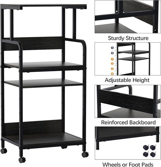 Arbuxzuy 4 Tier Stand with Storage Shelf, Tall Mobile Printer Table for Home Office, Adjustable Stands for Heat Press Scanner Fax (Black)