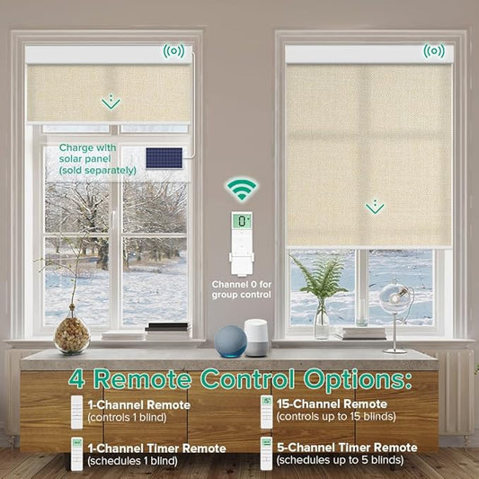 Kilonity Motorized Roller Shades, Light Filtering Remote Control Custom Window Shades Compatible with Alexa Google Assistant via RF Hub, Rechargeable Electric Blinds for Windows (Beige)
