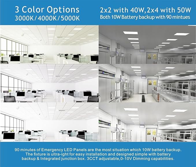 2X2 LED Flat Panel Light Emergency Battery Backup, 40W-3000K/4000K/5000K, 0-10V Dimmable, 4390 Lumens, LED Drop Ceiling Light, 100-277V, DLC and UL Listed, Ultra Thin Back-Lit (24 Pack)