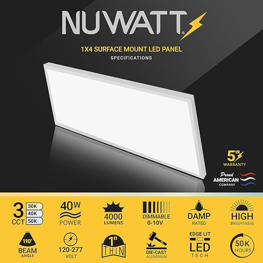 NUWATT 2 Pack 1x4 FT LED Surface Mount Panel 120-277V Universal Voltage, 3CCT 3000K/4000K/5000K Selectable, 4000LM, 40W, Internal Driver, 0-10V Dimmable, 12x48 Inch Flush Mount Ceiling Light, 1" Thick