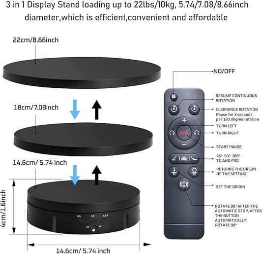 JAYEGT 3 in1 Motorized Rotating Display Stand with 5.74 /7.08/ 8.66 inch Replacement Cover,Max 22lbs Load,360 Electronic Turntable for Photography Products (3 in1 / Black/ With Remote controller)