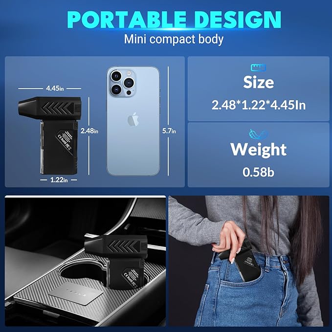 Newdehanm Violent Turbo Fan,Mini Electric Compressed Air Duster & Vacuum Cleaner,130000RPM Portable Rechargeable Cordless Handheld Air Blower with LED Light for PC, Outdoor, House, Car,8000mAh
