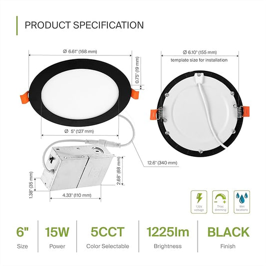ASD 6 Pack LED Recessed Lighting 6 Inch 15W, 5 CCT 2700K-5000K CRI90+, IC Rated Ultra Thin Dimmable Ceiling Lights with J Box, Canless Wafer Downlight, Round Slim Panel Light, UL Energy Star, Black