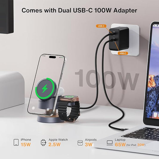 iVANKY 4 in 1 Wireless Charging Station with Night-Lamp for MagSafe Magnetic Charger Travel Stand, 3-in-1 Fast Charge for iPhone 17-11, for Apple iWatch, Airpods(Dual C-Port 100W Adapter Included
