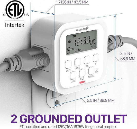 Fosmon 7 Day Digital Timers for Electrical Outlets, Indoor Plug-in Light Timers Switch Programmable, Electric Wall Plug for Lamp, Grow Reptile Lights, Aquarium, 15A/1875W, Grounded- 2 Pack