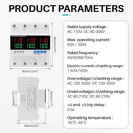 KNMIPJD Over Under Voltage Protection Device, 110V 100A Adjustable Circuit Breaker with LED Display for Real-Time Monitoring of Voltage, Current, Power, Home Commercial Electrical Safety(4P 100A)
