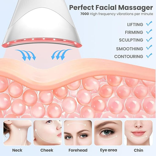 7 Color Light Face and Neck Massager Tool of Double Chin Reducer, Facial Massager with Adjustable Vibration and Thermals for Wrinkles Face Sculpting Tool with Base (White)