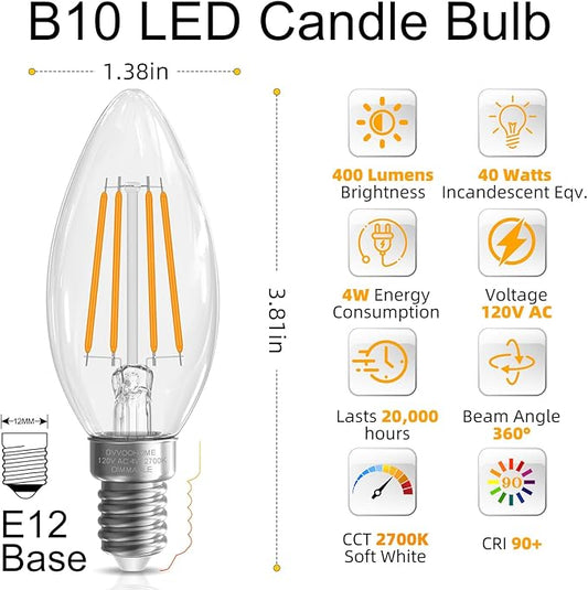 GvvooHome E12 Candelabra Bulb 40 watt Equivalent, E12 LED Bulb Dimmable Chandelier Light Bulbs, B10 Candle Light Bulbs 2700K Soft White, 90+CRI, 400LM, Clear Glass, 12 Pack