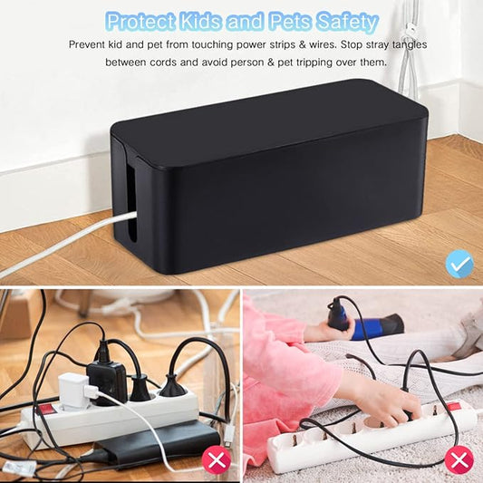 Cable Management Box, 3 Pack Cord Organizer Boxes with 33 PCS Cable Management Set to Cover Hide Power Strip, Surge Protector Under Desk & on Floor, Wire Concealer for Home Office Computer TV (Black)