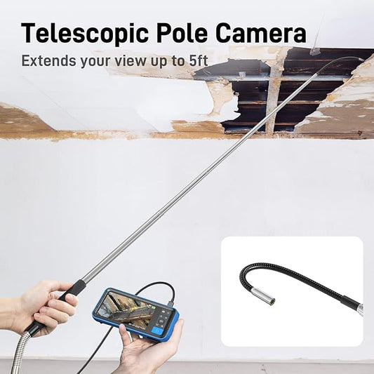 Teslong Telescopic Endoscope Inspection Camera with Screen & Light, 4.5" IPS Display Borescope with 5FT Telescoping Pole, IP67 Waterproof Inspection Camera for Ceiling, Wall, Chimney, Automotive &HVAC