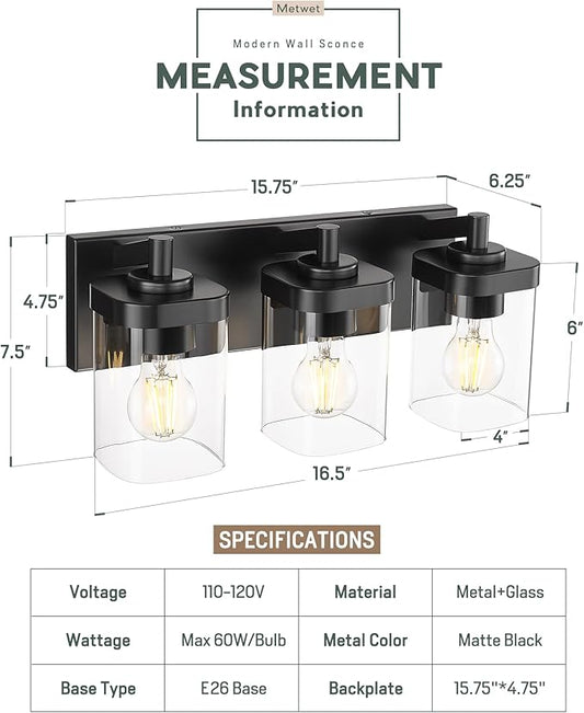 METWET Bathroom Light Fixtures Over Mirror, 3-Light Matte Black Vanity Light with Square Clear Glass Shade, Modern Wall Sconces, Vanity Lighting Fixtures, VL194-MB-3