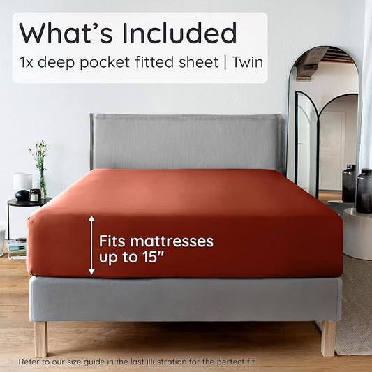 Bambaw 100% Viscose Derived from Bamboo Fitted Sheet Twin Size, Cooling Fitted Sheet Twin Size, 15’’ Deep Pocket, Breathable Bottom Sheets Only (Terracotta)