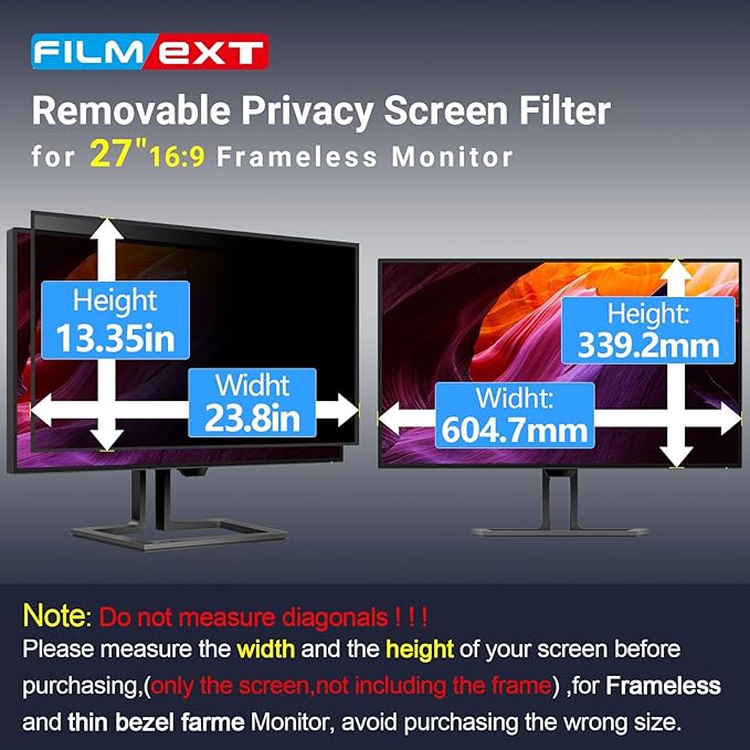 FILMEXT [2 Pack Removable Computer Privacy Screen Filter for 27 inch Monitor, Privacy Shield for Frameless Monitor Widescreen 16:9 Aspect Ratio, Blue Light Filter, Anti-Spy & Anti-Scratch