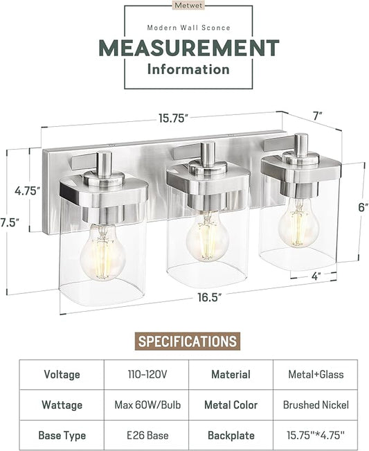 METWET Bathroom Light Fixtures, 3-Light Vanity Light with Square Clear Glass Shade, Brushed Nickel Modern Wall Sconces, Vanity Lighting Fixtures Over Mirror, VL194-BN-3