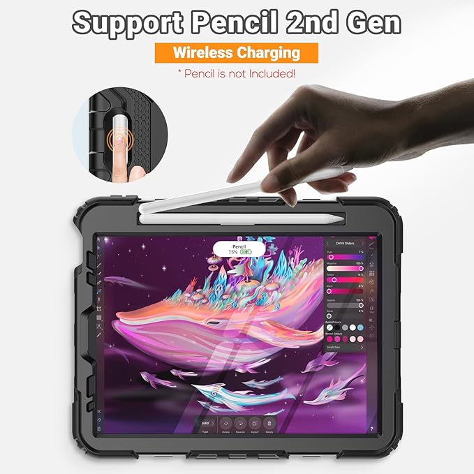 SEYMAC for iPad Air 5th/ 4th Generation Case 10.9 Inch, Full-Body Shockproof Protective Case with Screen Protector, Rotating Stand/Handle/Shoulder Strap/Pencil Holder for iPad Air 5/ Air 4, Black