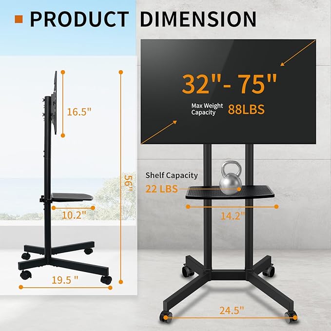 Solid Grace Rolling TV Stand with Wheels for 32-75 Inch TVs up to 88lbs, Portable TV Stand with Shelf, Mobile TV Cart for Living Room, Office, Meeting Room, Outdoor(MT2007 Upgrade Version)