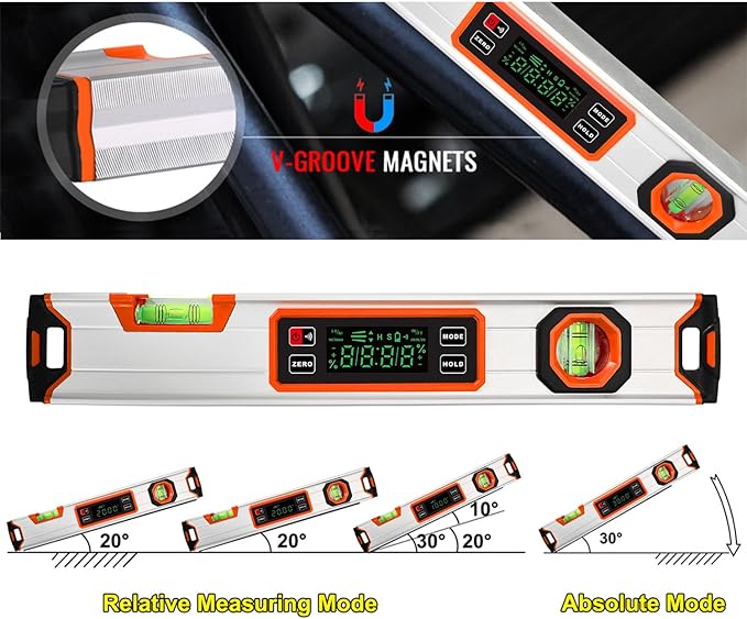 eOUTIL 15.7-Inch Digital Torpedo Level & Angle Finder – IP54 Waterproof Inclinometer with Backlit LCD, V-Groove Magnetic Base, 0.1° Accuracy – for Construction, Woodworking, Metalworking(Orange)