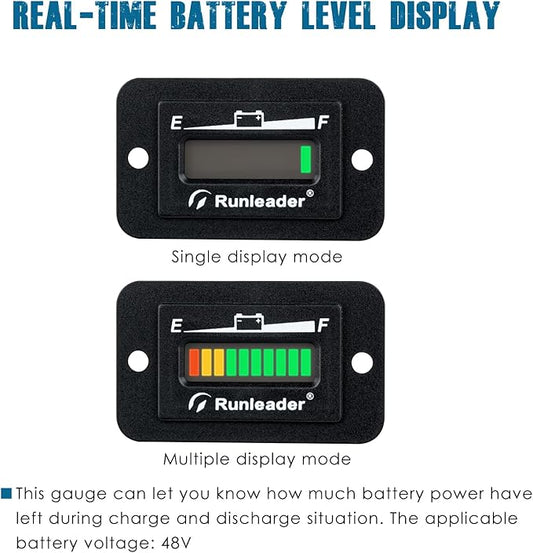 Runleader LED Battery Level Monitor,Volt.48V,Charge and Discharge Display- Only Suitable for Lead Acid Battery,Works on Golf Club Car Left Fork Scrubber RV Travel Trailer Go-Kart.