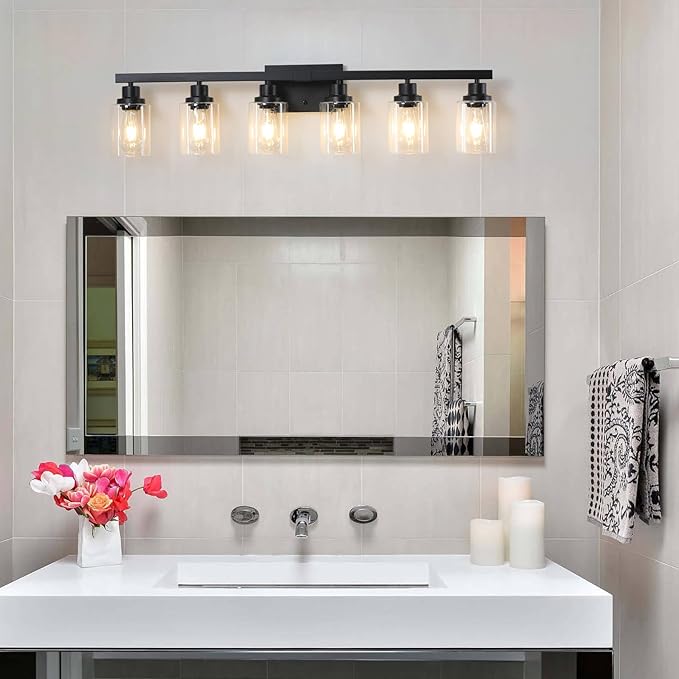 DIKAIDA 6-Light Black Vanity Lights 38'' Modern Bathroom Vanity Lighting Fixtures Above Mirror, Industrial Matte Bathroom Light Fixtures, Bath Wall Light Fixtures, Black Wall Sconces