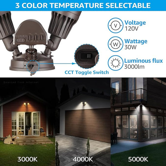 LEONLITE 3CCT LED Security Light, Motion Sensor Outdoor Lights, Dusk to Dawn, ETL Listed, Adjustable Heads, 3000K4000K5000K Selectable, Motion Detector Flood Light for Outside, IP65 Waterproof, Bronze