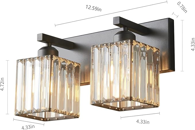 FDPBY Modern Bathroom Vanity Light 2-Lights Black Crystal Bathroom Wall Light Vanity Light Fixtures,12.59-inch Modern Minimalist Design