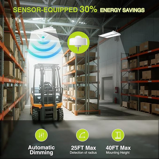 LED Linear High Bay Shop Light With Motion Sensor 300W, Larger Central Lighting Area, 45000LM, 120-277V, 0-10V, 5000K, Commercial Linear High Bay Led Shop Lights for Warehouse Industrial Garage , UL