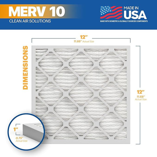 BNX TruFilter 12x12x1 MERV 10 (2-Pack) AC Furnace Air Filter - MADE IN USA - Pleated Air Conditioner HVAC AC Furnace Filters - Removes Odor, Mold, Bacteria, Smoke