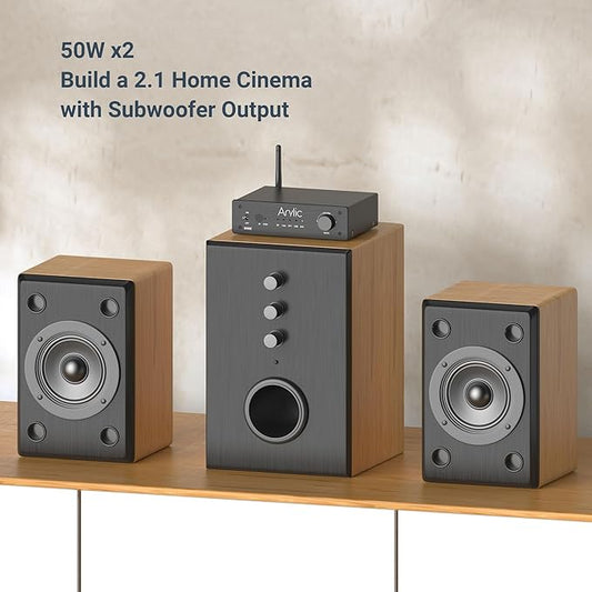 Arylic B50SE Bluetooth 5.1 Stereo Receiver 2.1 Channels Mini Class D Integrated Home Speaker Amplifier 50W x 2,Stable and Remote, Go Control Application and Easy Control EQ