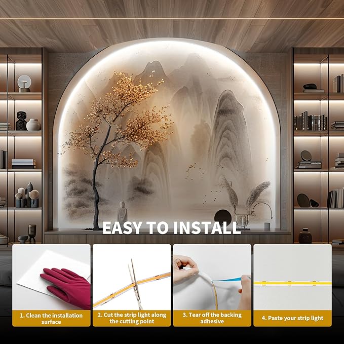 BUNACET COB LED Strip Light 40ft/12m (1 Roll) Cool White 6500K High Lumen CRI 90+ with UL Listed Power Adapter RF Remote for Bedroom Counter Under Cabinet Kitchen Projects