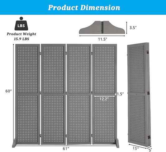 Bonnlo 4 Panel Pegboard Freestanding, 5 FT Portable Display Board Organizer for Craft Show Jewelry, Wooden Folding Privacy Screen Room Divider (with Base, Grey)
