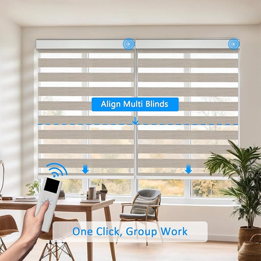 COOLWINDS Motorized Zebra Blinds for Windows Cordless Electric Curtains with Remote Control Blackout Shades Custom Smart Blinds Compatible with Alexa Google Home(Roomdarking Caramel,W37 X 72in)