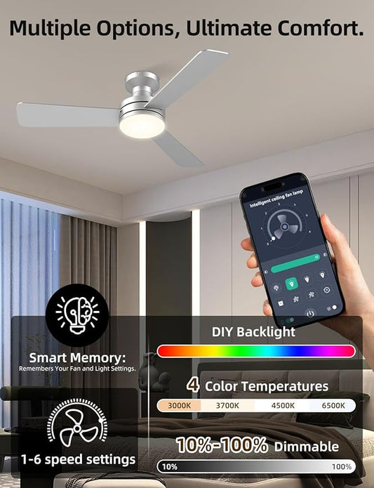 Homlit 42 inch RGB Ceiling Fan with Light, Smart App & Remote Control Low Profile Flush Mount, Music Sync Lighting, 6-Speed Quiet Reversible DC Motor, 4CCT Dimmable for Home Office Party, Silver
