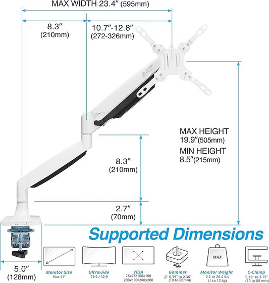 AVLT Single 17"-45" Monitor Arm Desk Mount Premium Mechanical Spring fits One Flat/Curved/Ultrawide Monitor Full Motion Height Swivel Tilt Rotation Adjustable, White