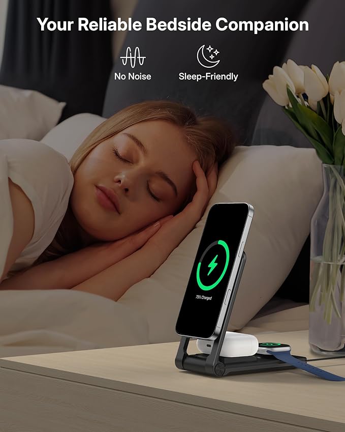 3 in 1 Charging Station for Apple Devices, Magnetic Wireless Charger Stand, 15W Foldable Travel Charging Dock for iPhone 16e 16 15 14 13 12 Pro Max Plus & Apple Watch & AirPods 4 3 2 Pro, Black